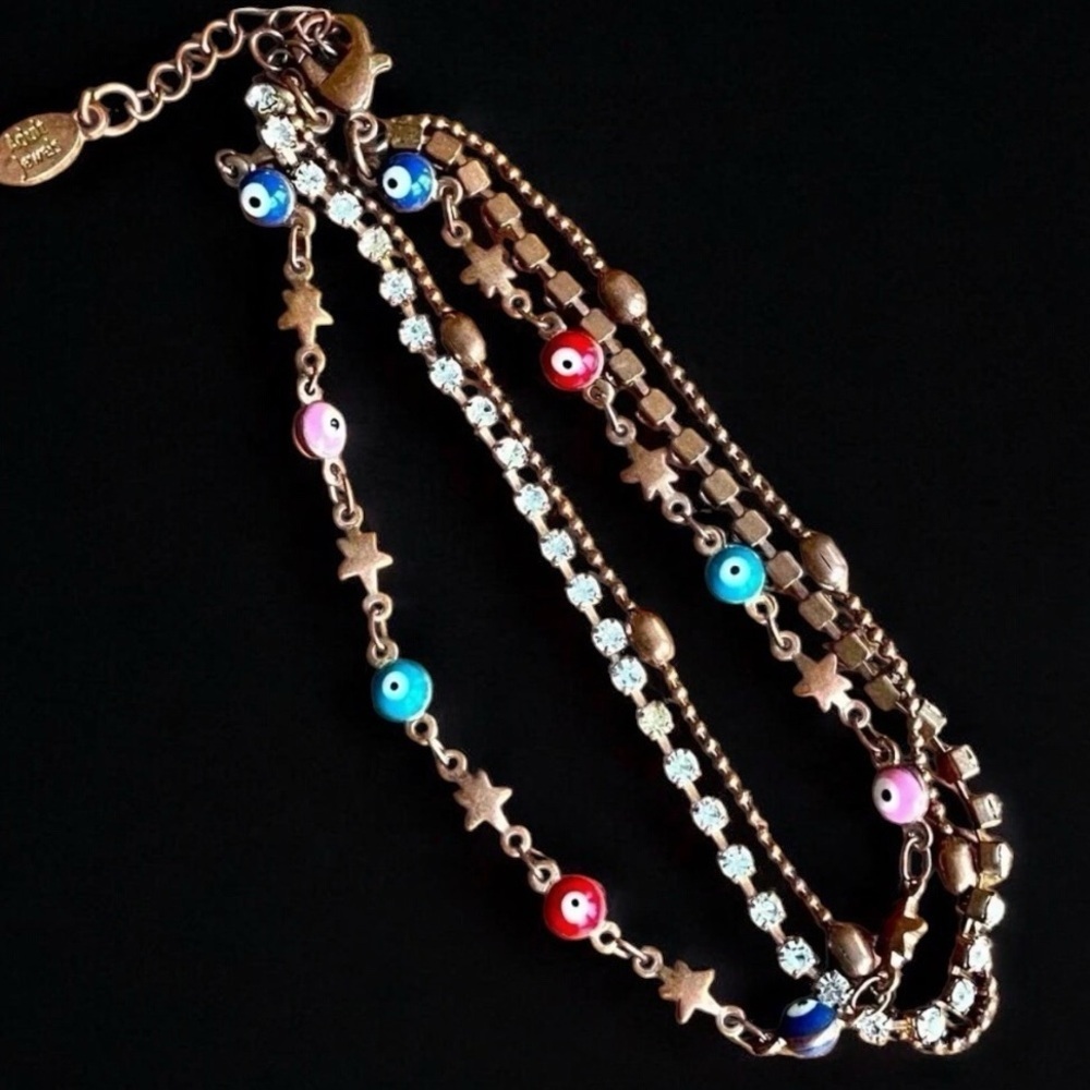 𝅺ADULT Jewels 3 Strand Bracelet With Evil Eyes, Stars & Rhinestones in Copper